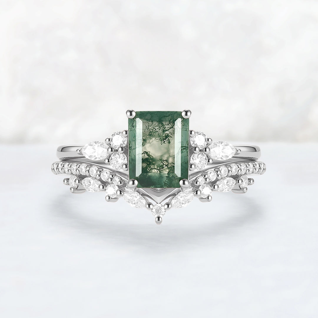 Cluster Emerald Cut Moss Agate Cluster Engagement Ring Set 2pcs