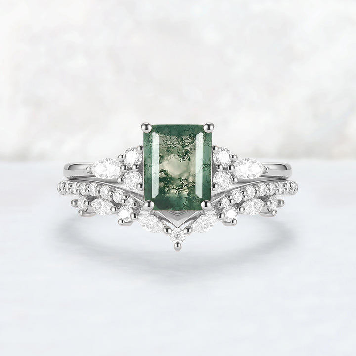 Cluster Emerald Cut Moss Agate Cluster Engagement Ring Set 2pcs