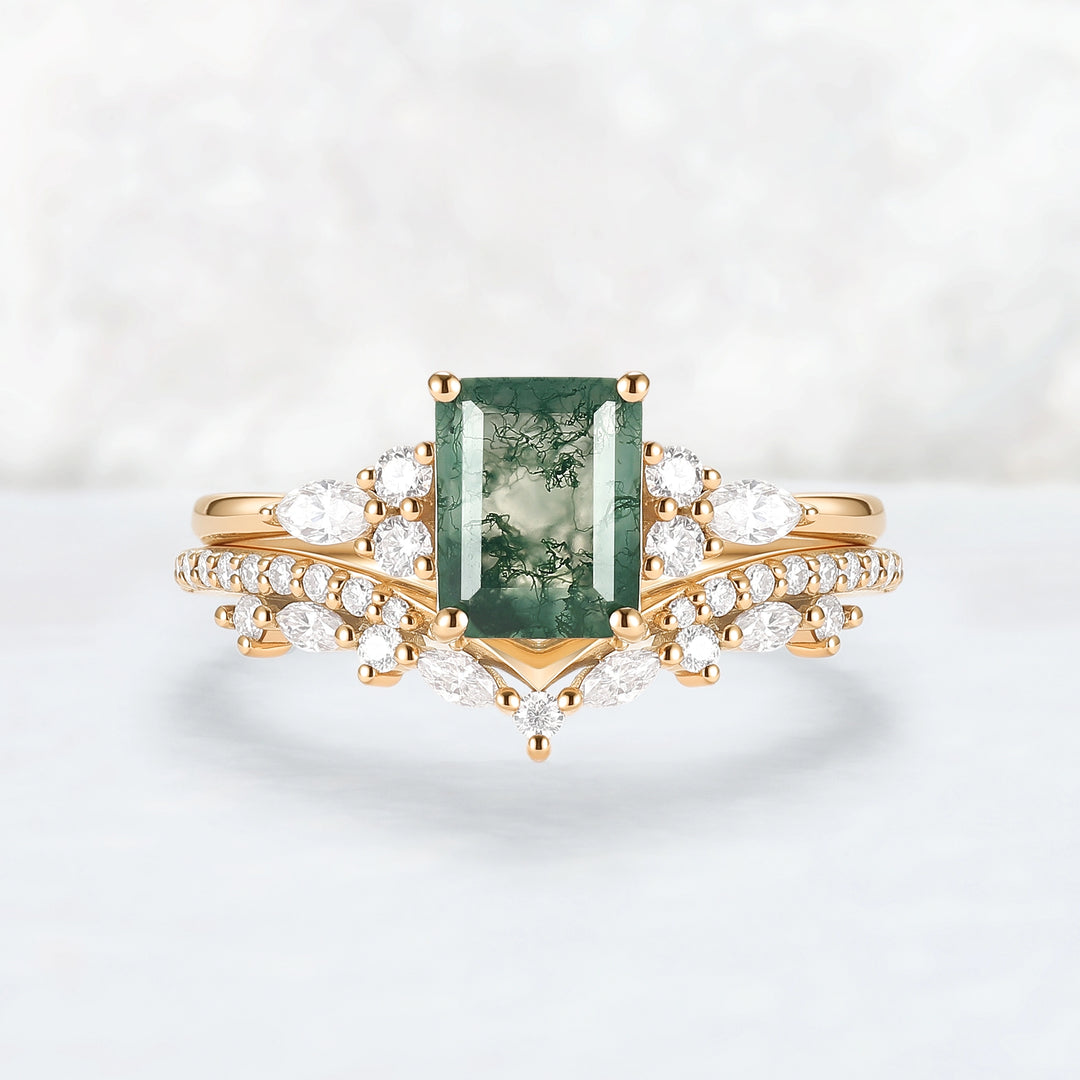 Cluster Emerald Cut Moss Agate Cluster Engagement Ring Set 2pcs