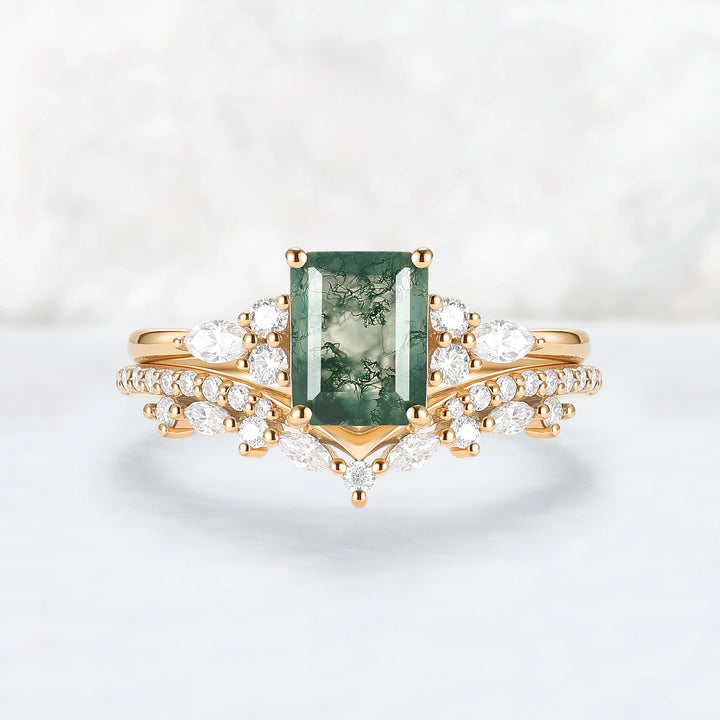 Cluster Emerald Cut Moss Agate Cluster Engagement Ring Set 2pcs