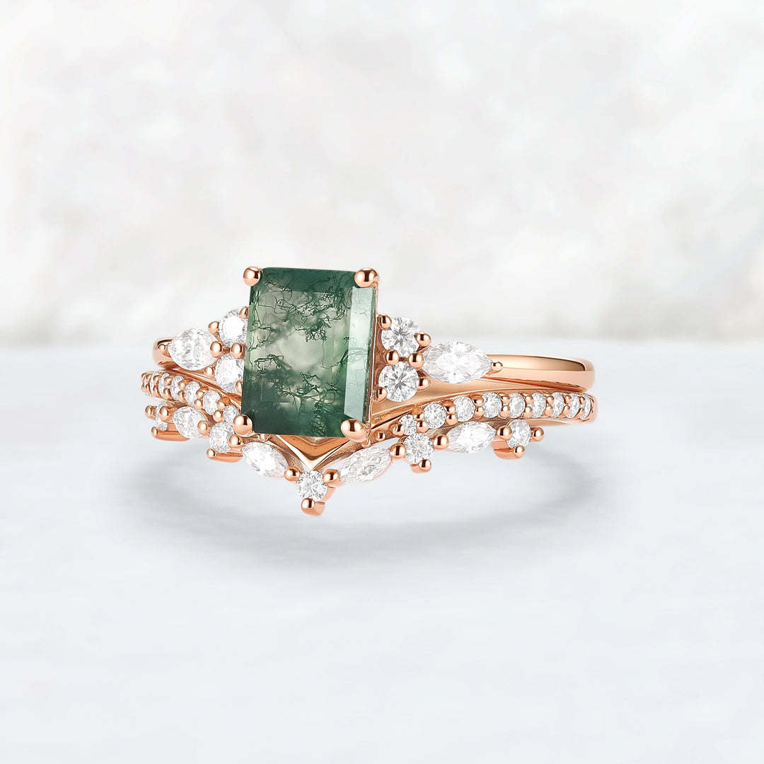Cluster Emerald Cut Moss Agate Cluster Engagement Ring Set 2pcs