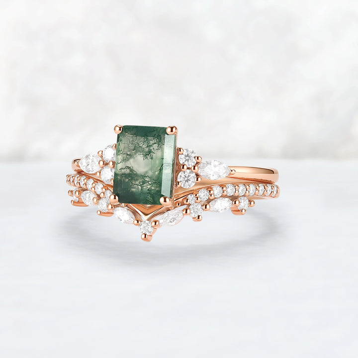 Cluster Emerald Cut Moss Agate Cluster Engagement Ring Set 2pcs