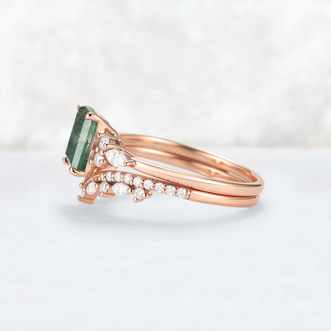 Cluster Emerald Cut Moss Agate Cluster Engagement Ring Set 2pcs