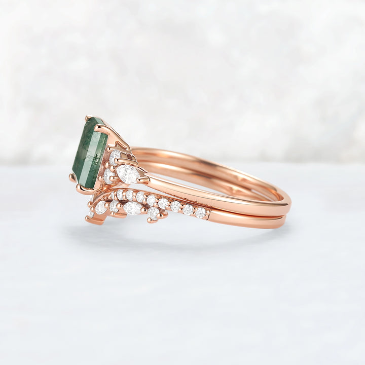 Cluster Emerald Cut Moss Agate Cluster Engagement Ring Set 2pcs