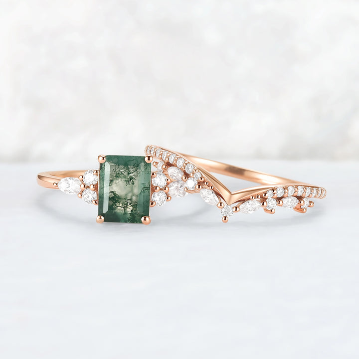 Cluster Emerald Cut Moss Agate Cluster Engagement Ring Set 2pcs