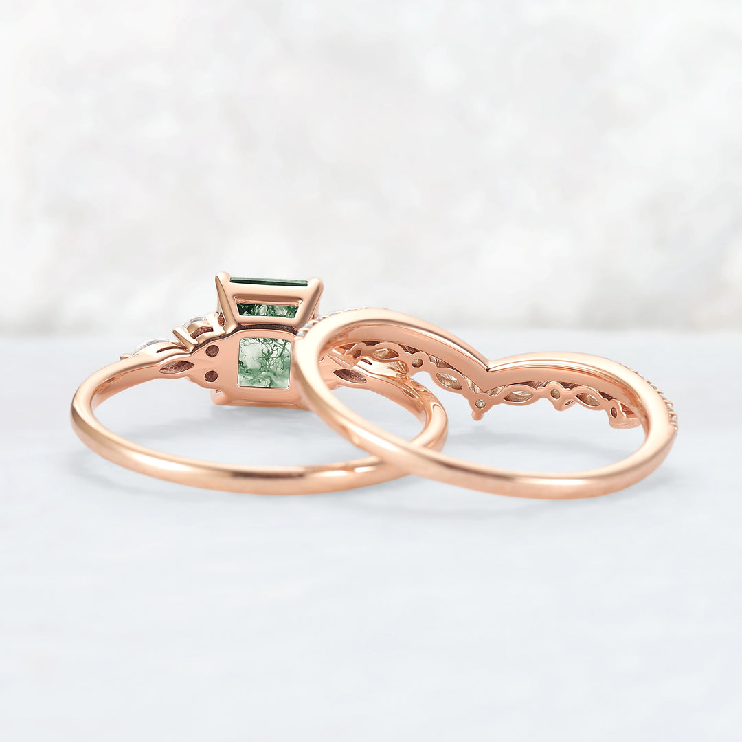 Cluster Emerald Cut Moss Agate Cluster Engagement Ring Set 2pcs