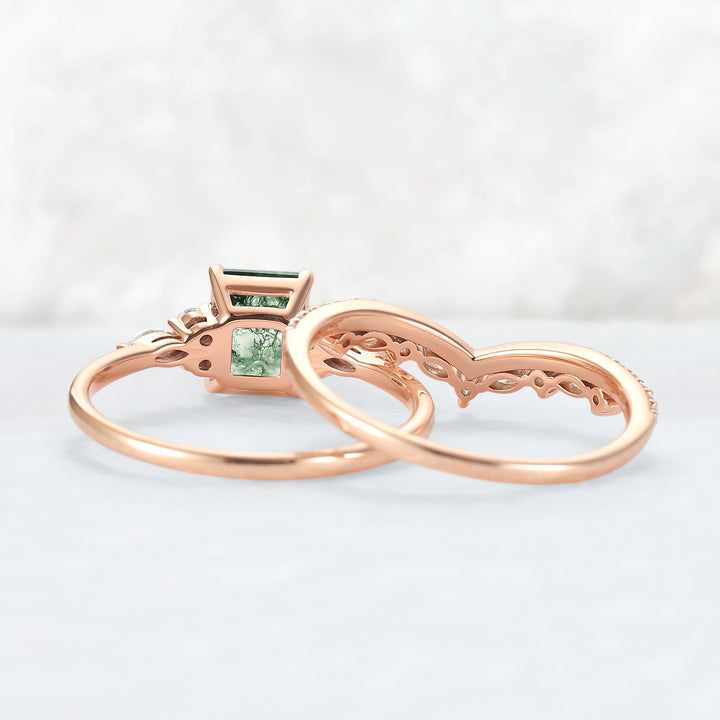 Cluster Emerald Cut Moss Agate Cluster Engagement Ring Set 2pcs