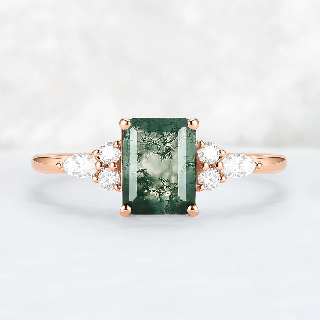 Cluster Emerald Cut Moss Agate Engagement Ring