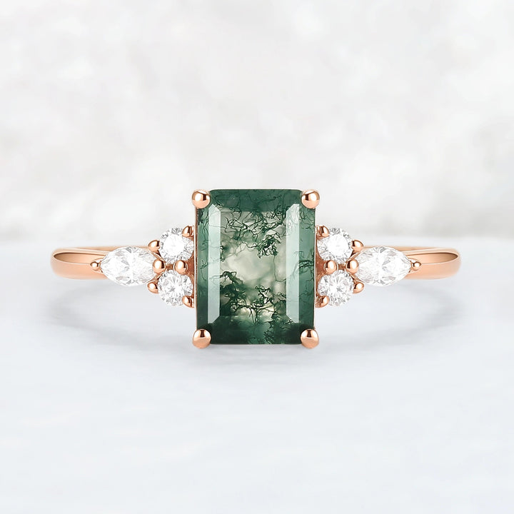 Cluster Emerald Cut Moss Agate Engagement Ring
