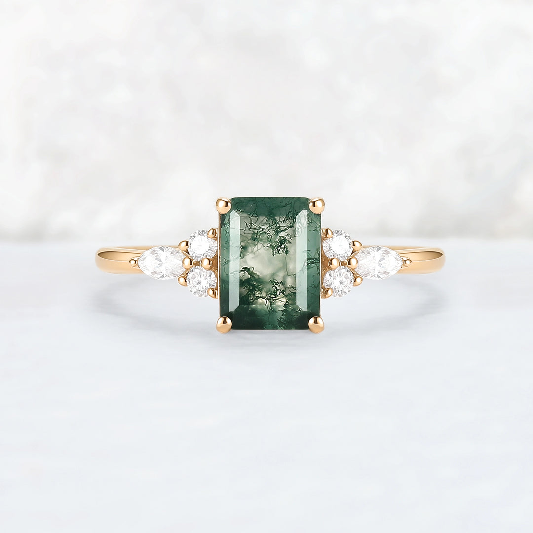 Cluster Emerald Cut Moss Agate Engagement Ring