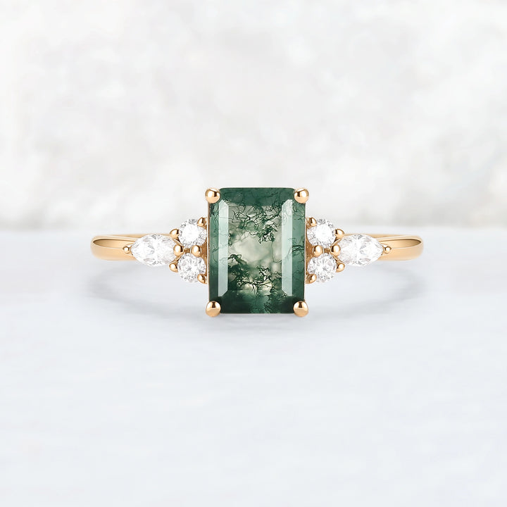 Cluster Emerald Cut Moss Agate Engagement Ring