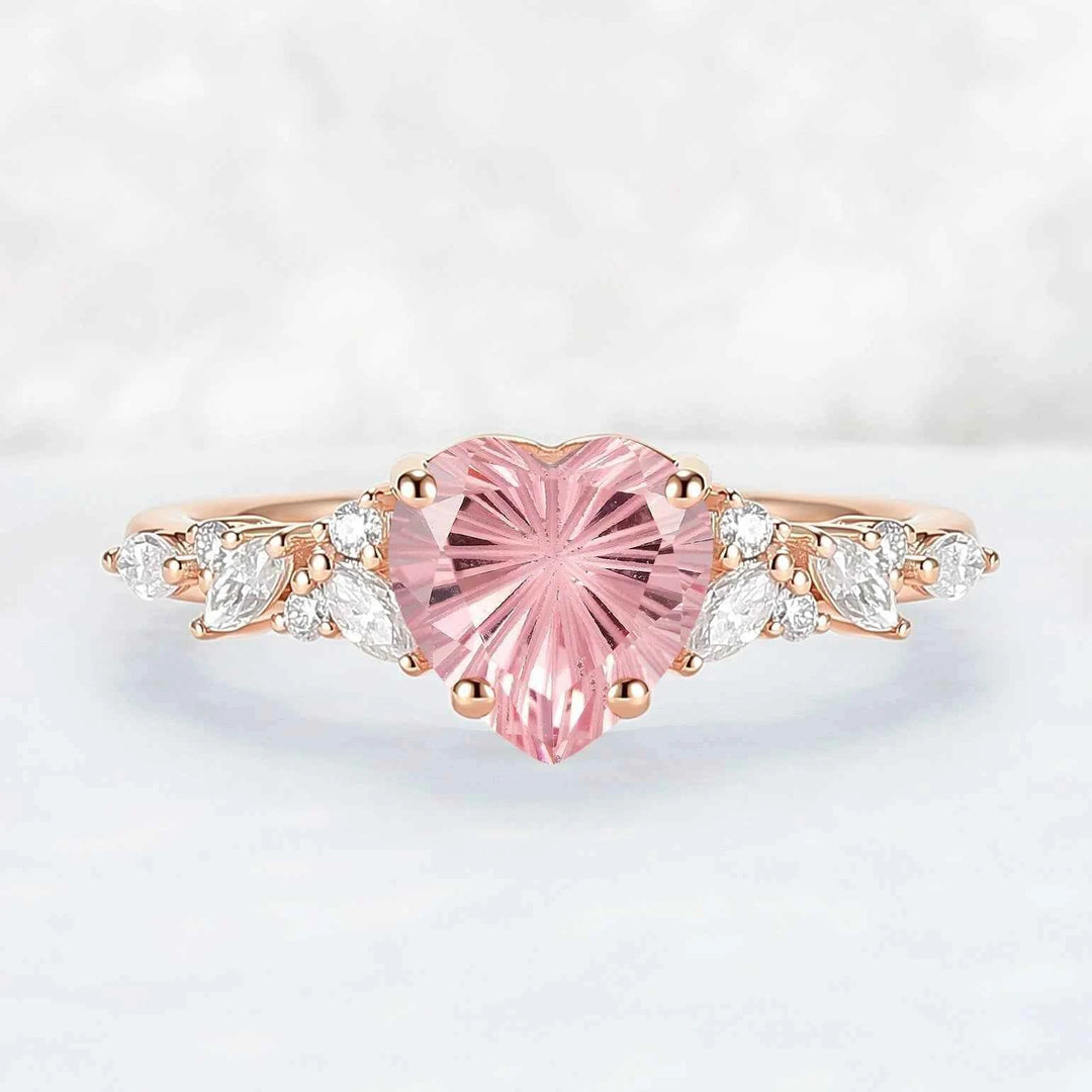 Cluster Fire Cut Heart Shaped Lab Pink Sapphire Leafy Engagement Ring