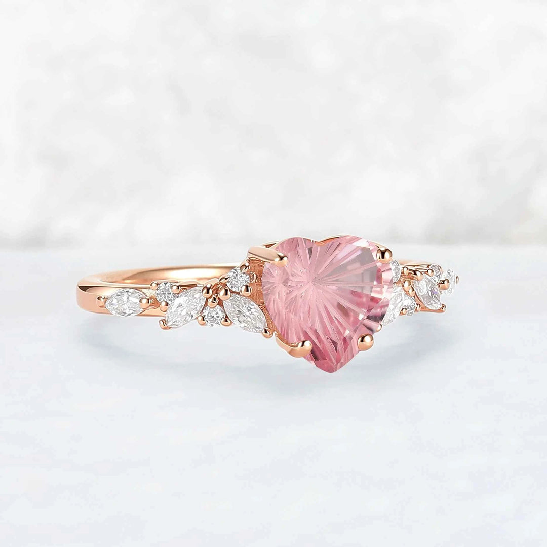 Cluster Fire Cut Heart Shaped Lab Pink Sapphire Leafy Engagement Ring