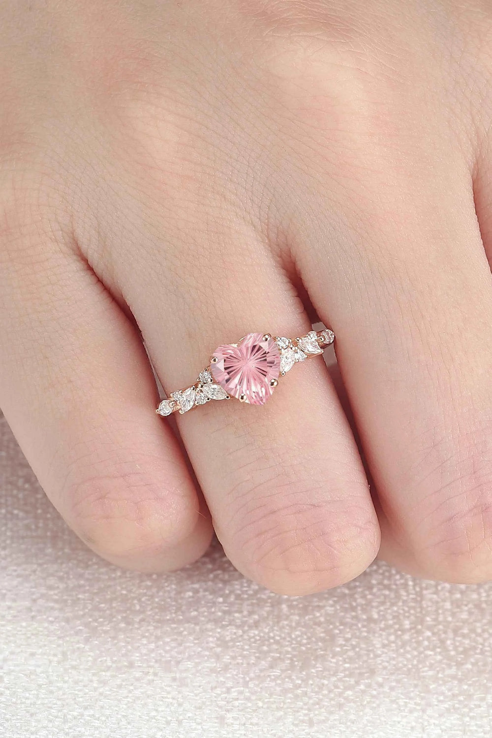 Cluster Fire Cut Heart Shaped Lab Pink Sapphire Leafy Engagement Ring