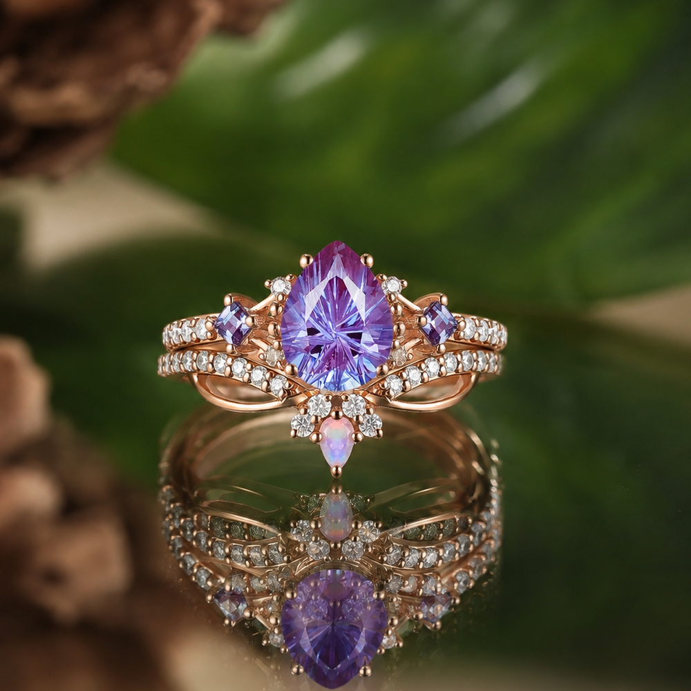 Cluster Fireworks Cut Alexandrite Engagement Ring Set 2pcs