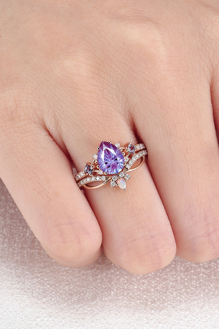 Cluster Fireworks Cut Alexandrite Engagement Ring Set 2pcs