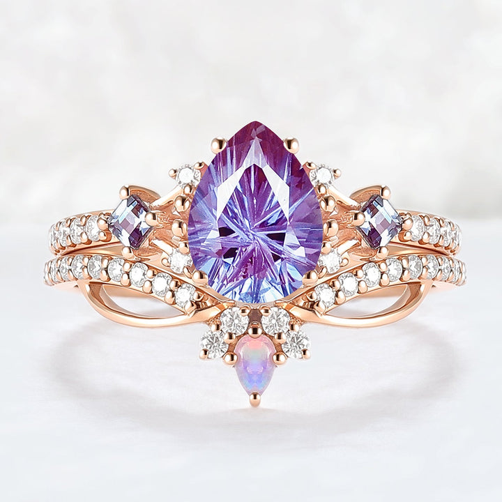 Cluster Fireworks Cut Alexandrite Engagement Ring Set 2pcs