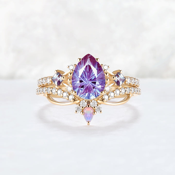 Cluster Fireworks Cut Alexandrite Engagement Ring Set 2pcs