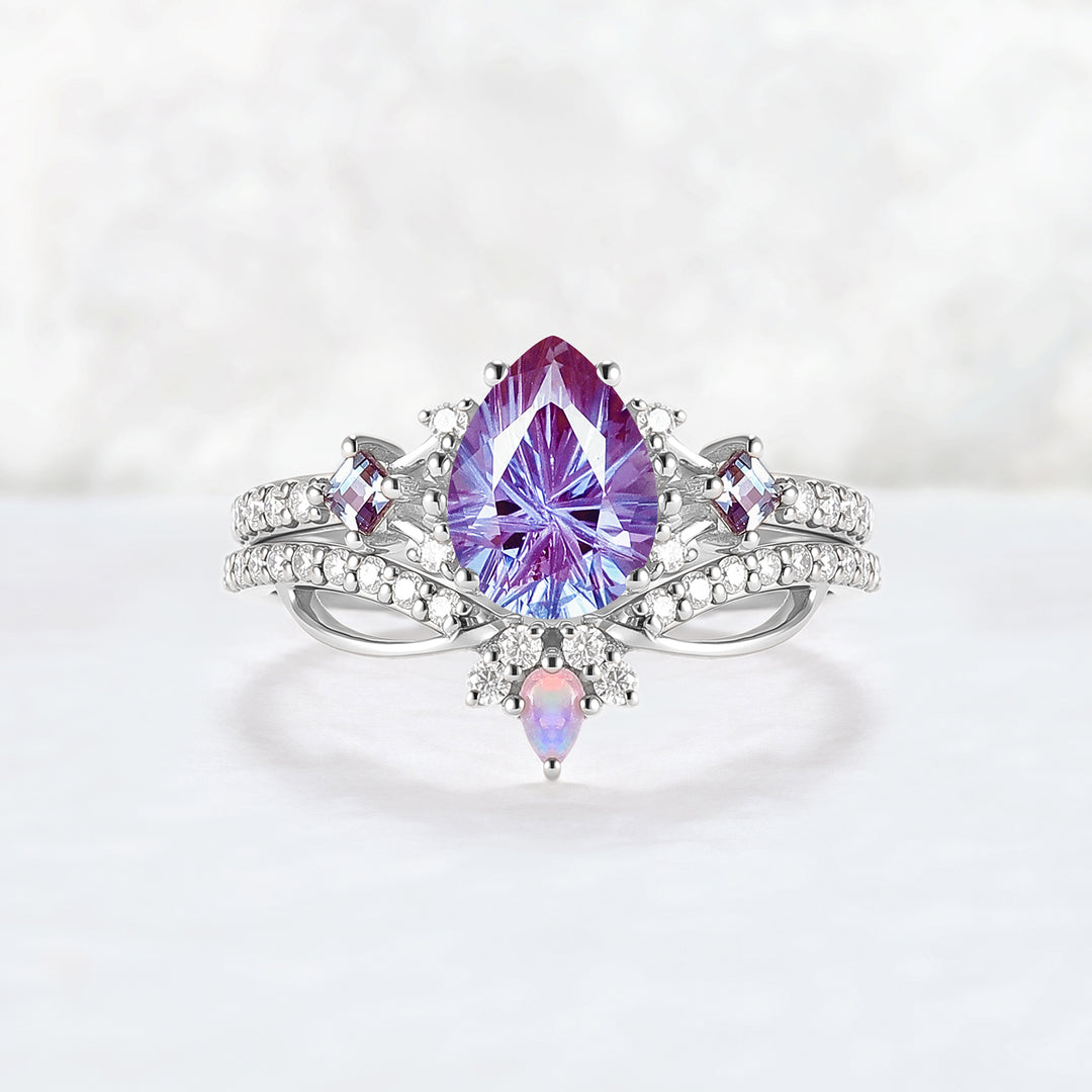 Cluster Fireworks Cut Alexandrite Engagement Ring Set 2pcs