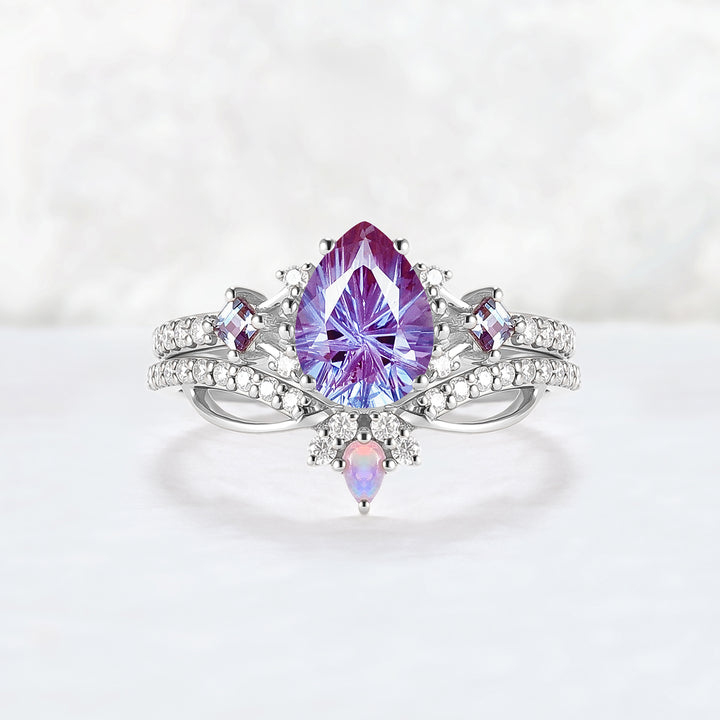 Cluster Fireworks Cut Alexandrite Engagement Ring Set 2pcs