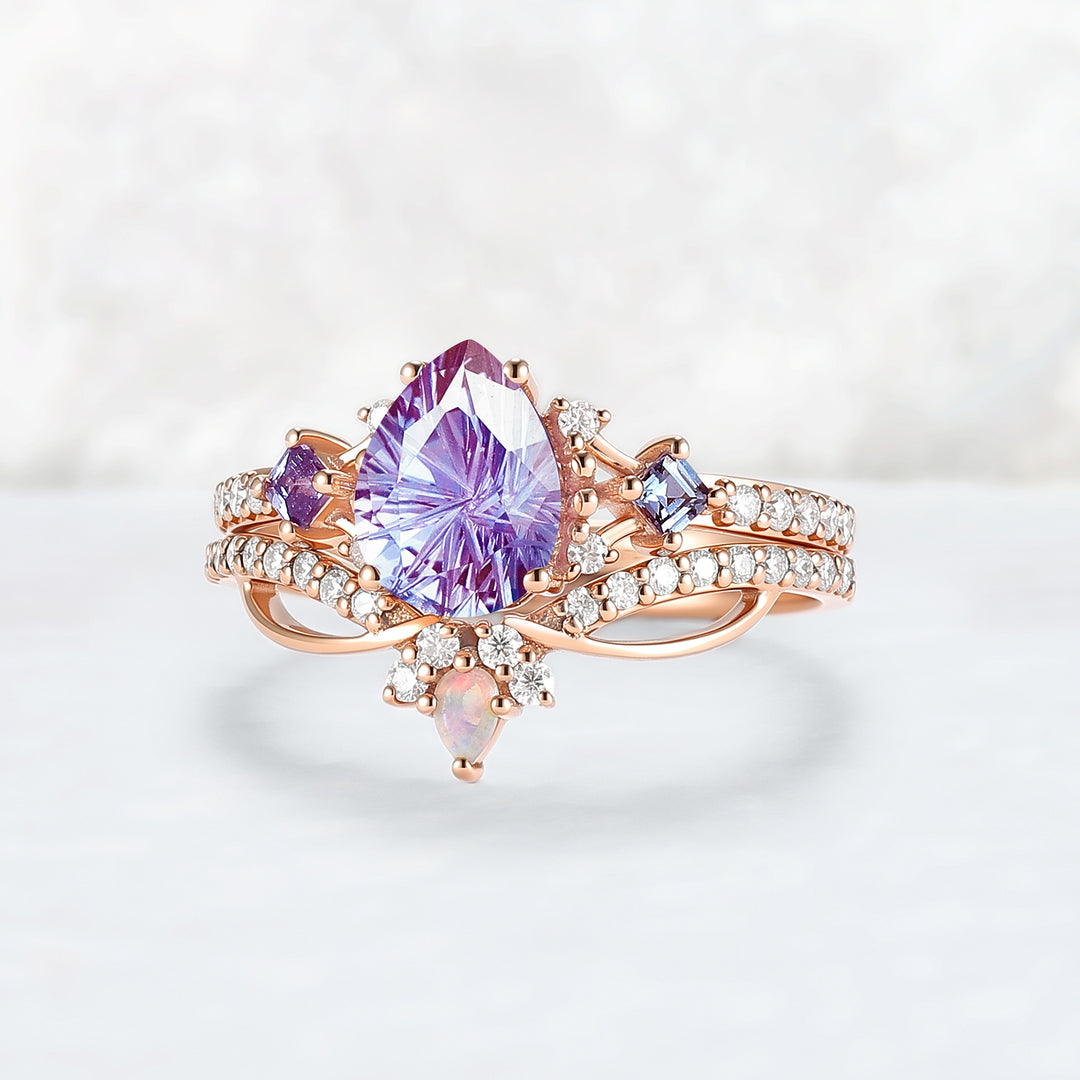 Cluster Fireworks Cut Alexandrite Engagement Ring Set 2pcs