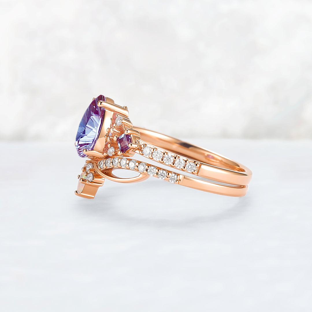 Cluster Fireworks Cut Alexandrite Engagement Ring Set 2pcs