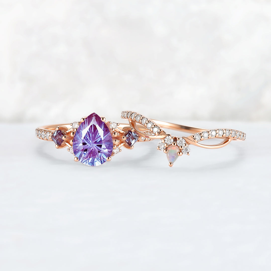 Cluster Fireworks Cut Alexandrite Engagement Ring Set 2pcs
