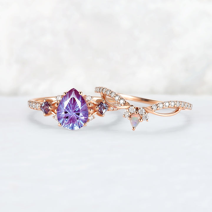 Cluster Fireworks Cut Alexandrite Engagement Ring Set 2pcs