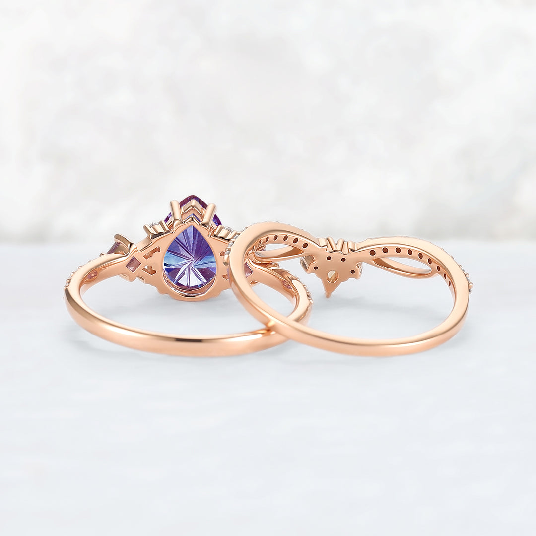 Cluster Fireworks Cut Alexandrite Engagement Ring Set 2pcs