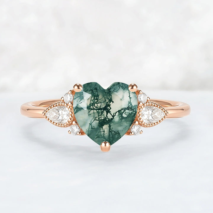 Cluster Heart-Cut Moss Agate Engagement Ring