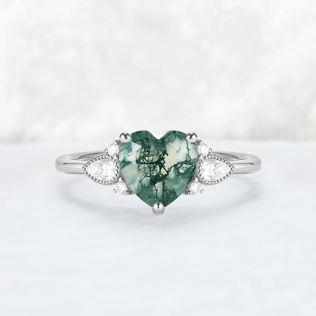 Cluster Heart-Cut Moss Agate Engagement Ring