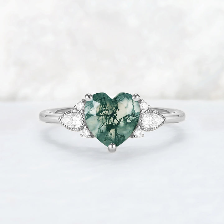 Cluster Heart-Cut Moss Agate Engagement Ring