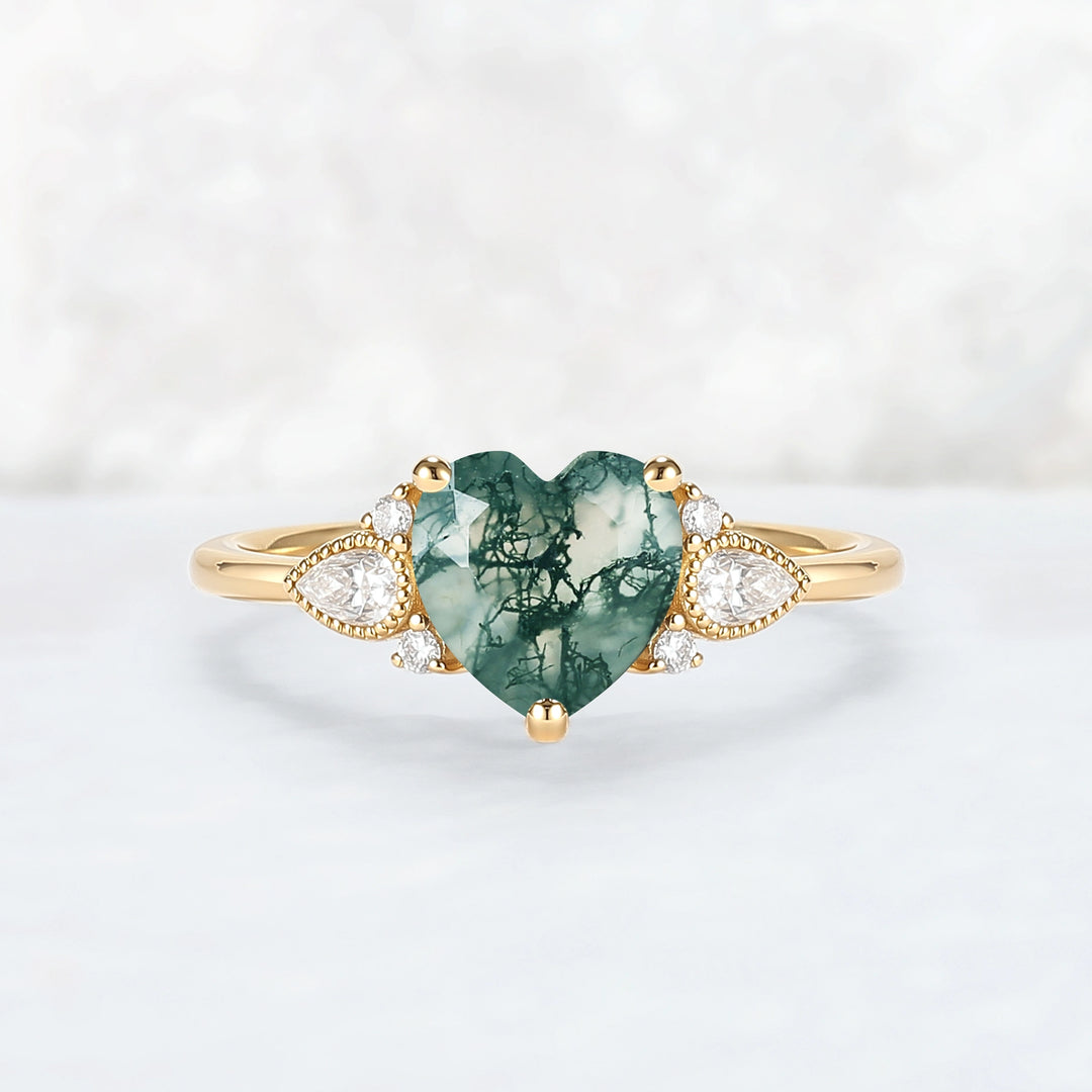 Cluster Heart-Cut Moss Agate Engagement Ring