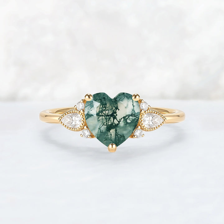 Cluster Heart-Cut Moss Agate Engagement Ring