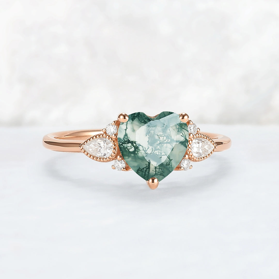 Cluster Heart-Cut Moss Agate Engagement Ring