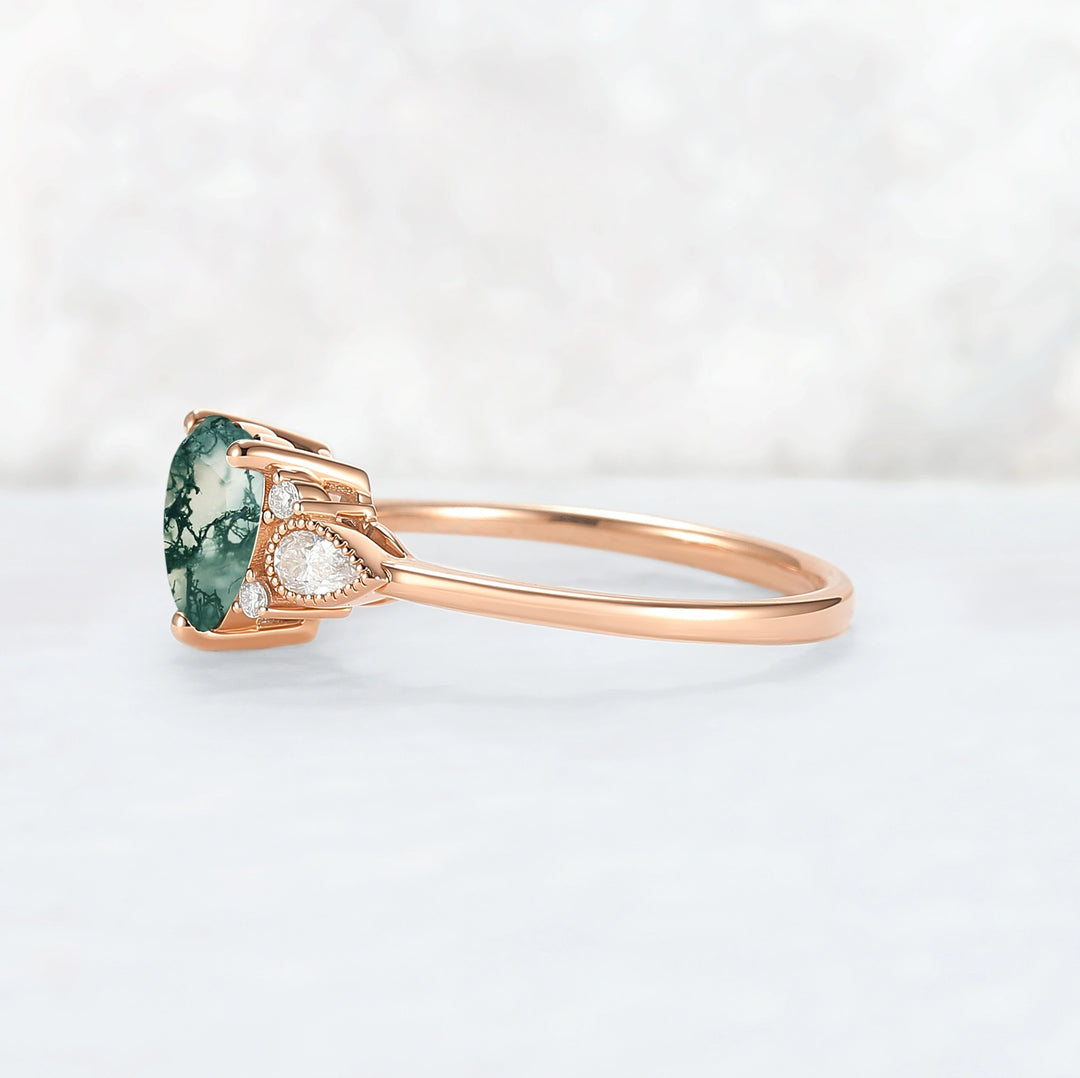 Cluster Heart-Cut Moss Agate Engagement Ring