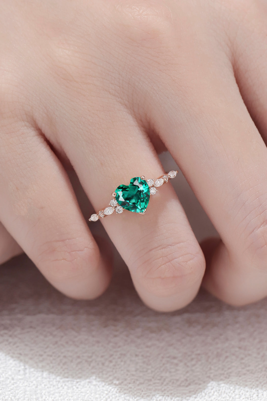 Cluster Heart Cut Emerald Gemstone Ring