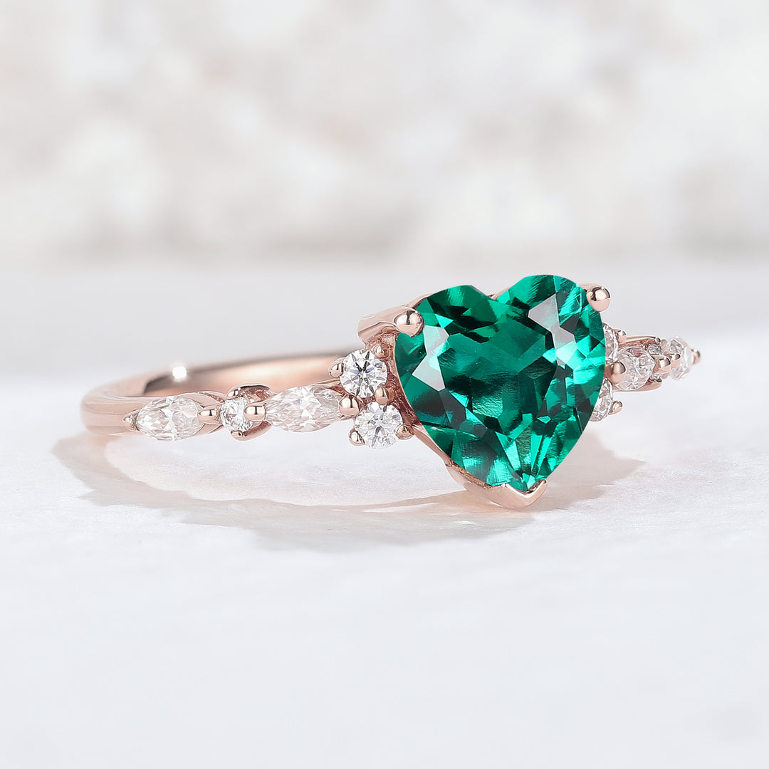 Cluster Heart Cut Emerald Gemstone Ring
