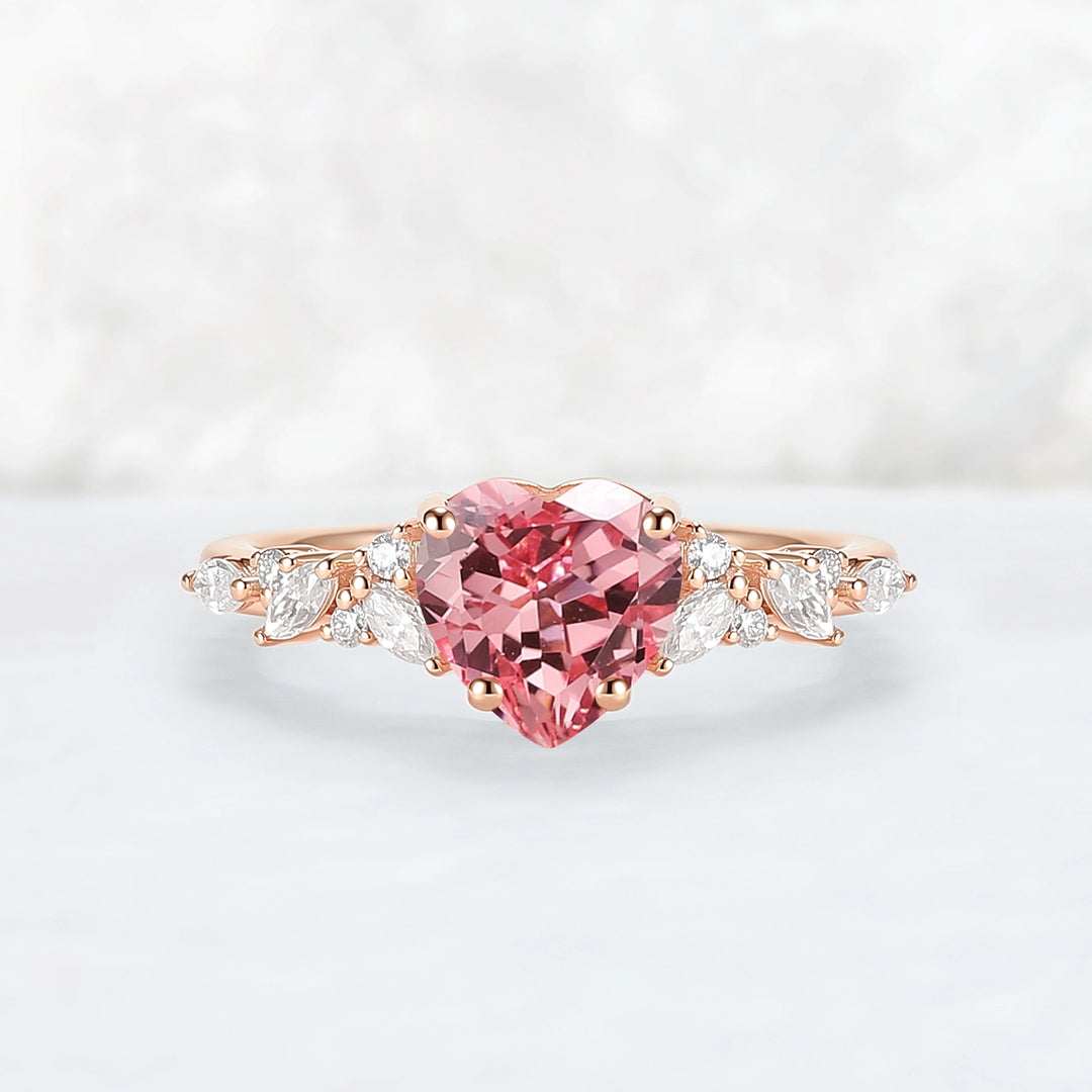 Cluster Heart Shaped Lab Pink Padparadscha Engagement Ring
