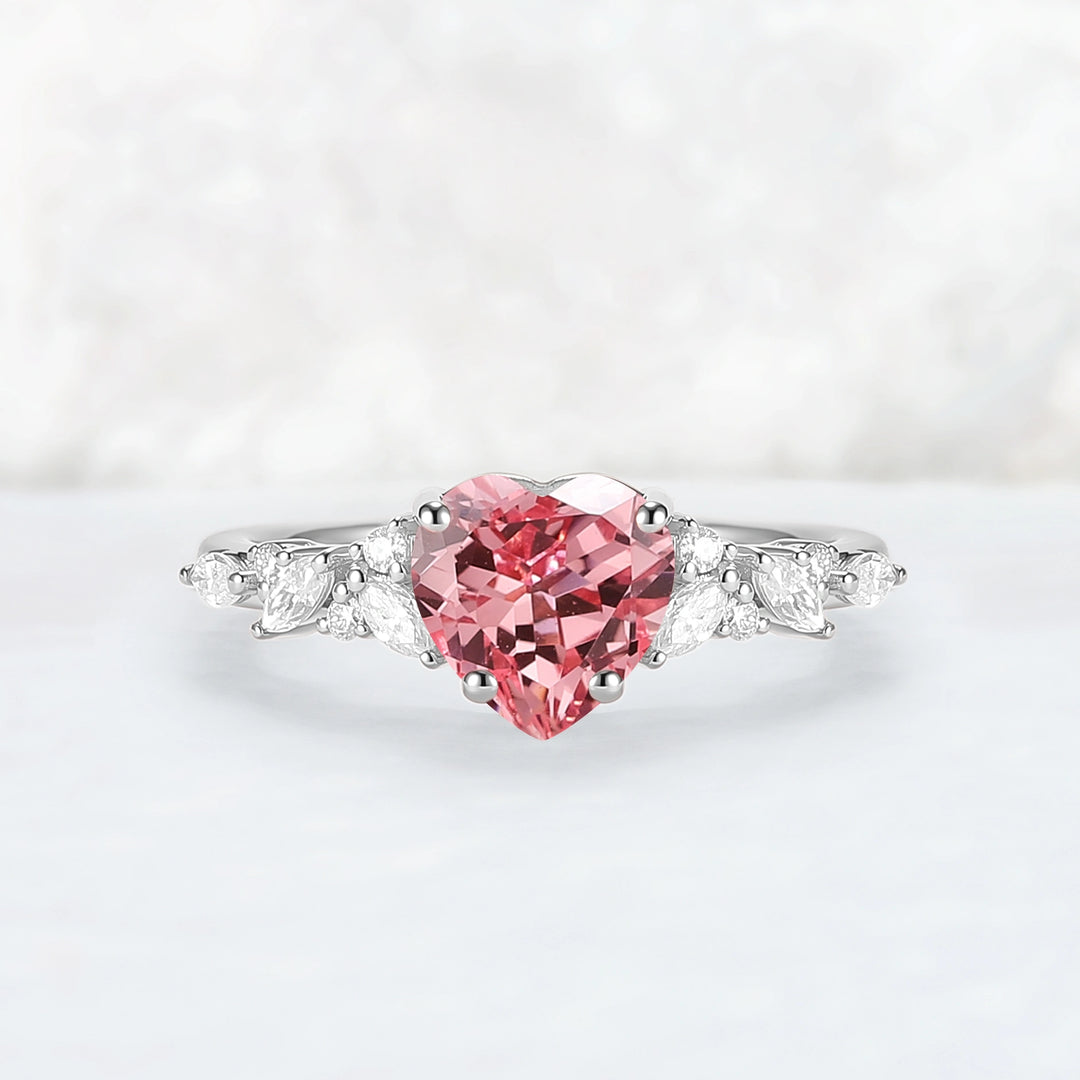 Cluster Heart Shaped Lab Pink Padparadscha Engagement Ring