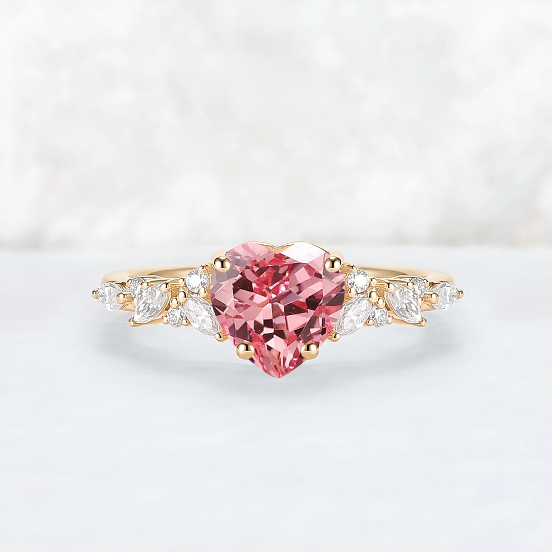 Cluster Heart Shaped Lab Pink Padparadscha Engagement Ring