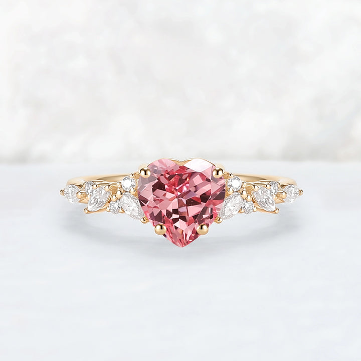 Cluster Heart Shaped Lab Pink Padparadscha Engagement Ring