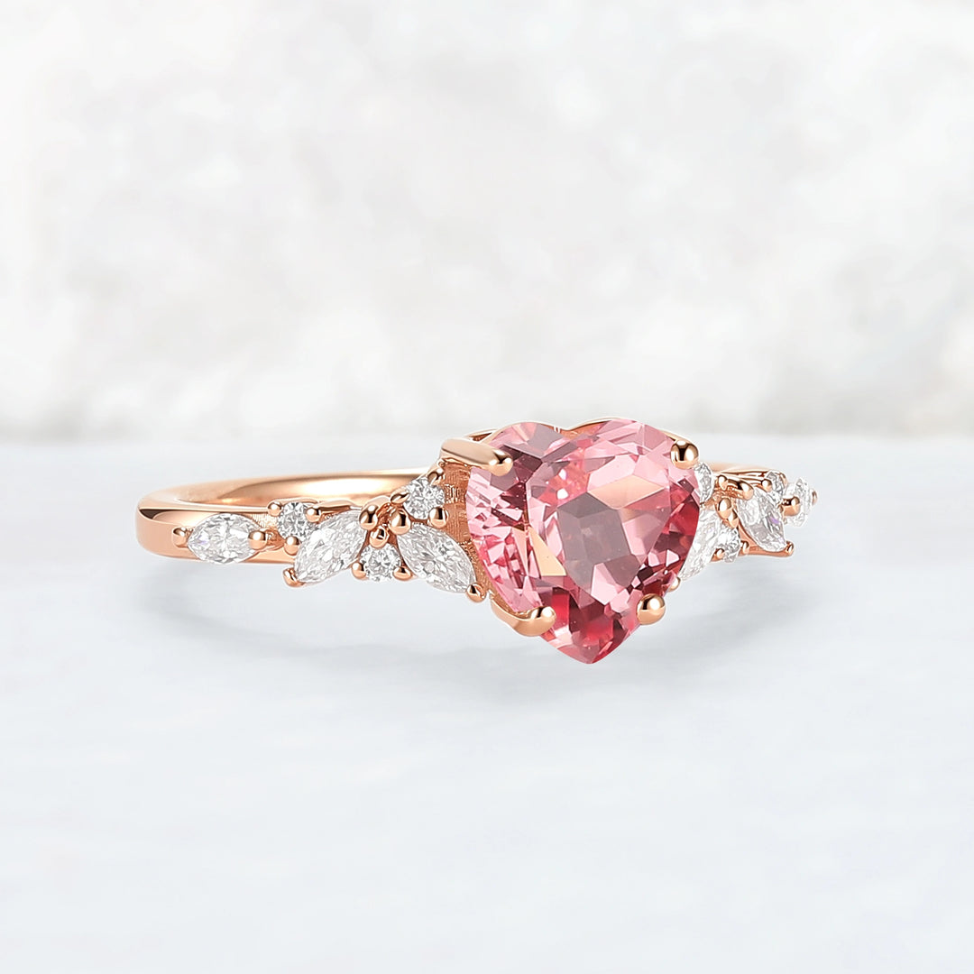 Cluster Heart Shaped Lab Pink Padparadscha Engagement Ring