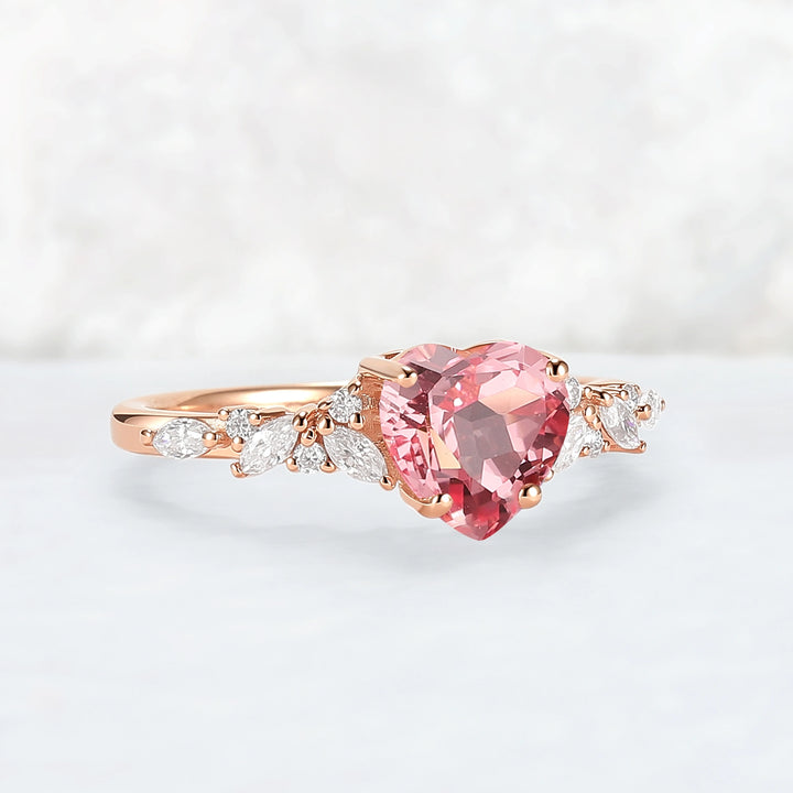 Cluster Heart Shaped Lab Pink Padparadscha Engagement Ring