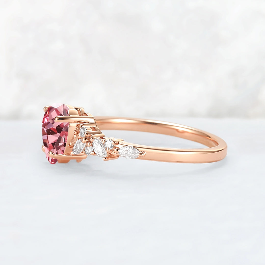 Cluster Heart Shaped Lab Pink Padparadscha Engagement Ring