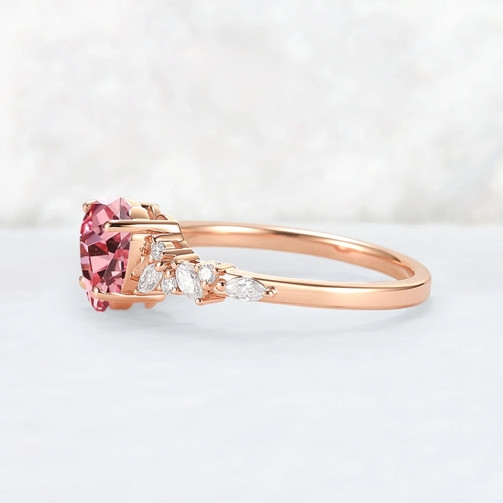 Cluster Heart Shaped Lab Pink Padparadscha Engagement Ring