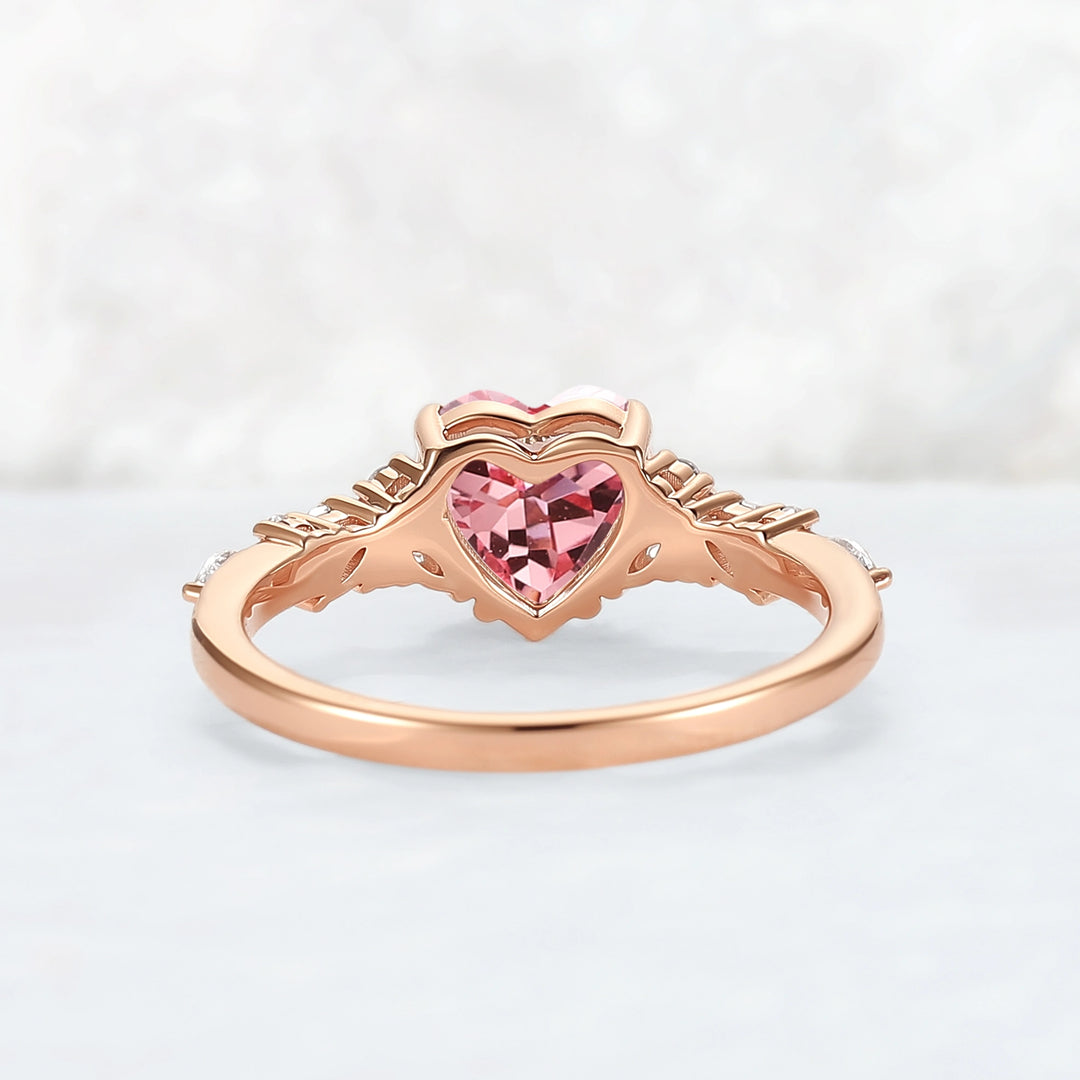 Cluster Heart Shaped Lab Pink Padparadscha Engagement Ring