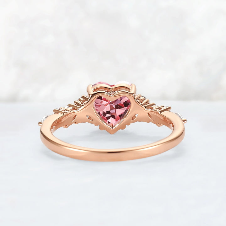 Cluster Heart Shaped Lab Pink Padparadscha Engagement Ring