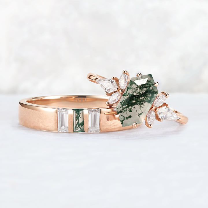Cluster Hexagon Cut Moss Agate Couple Ring - Eternal Bond