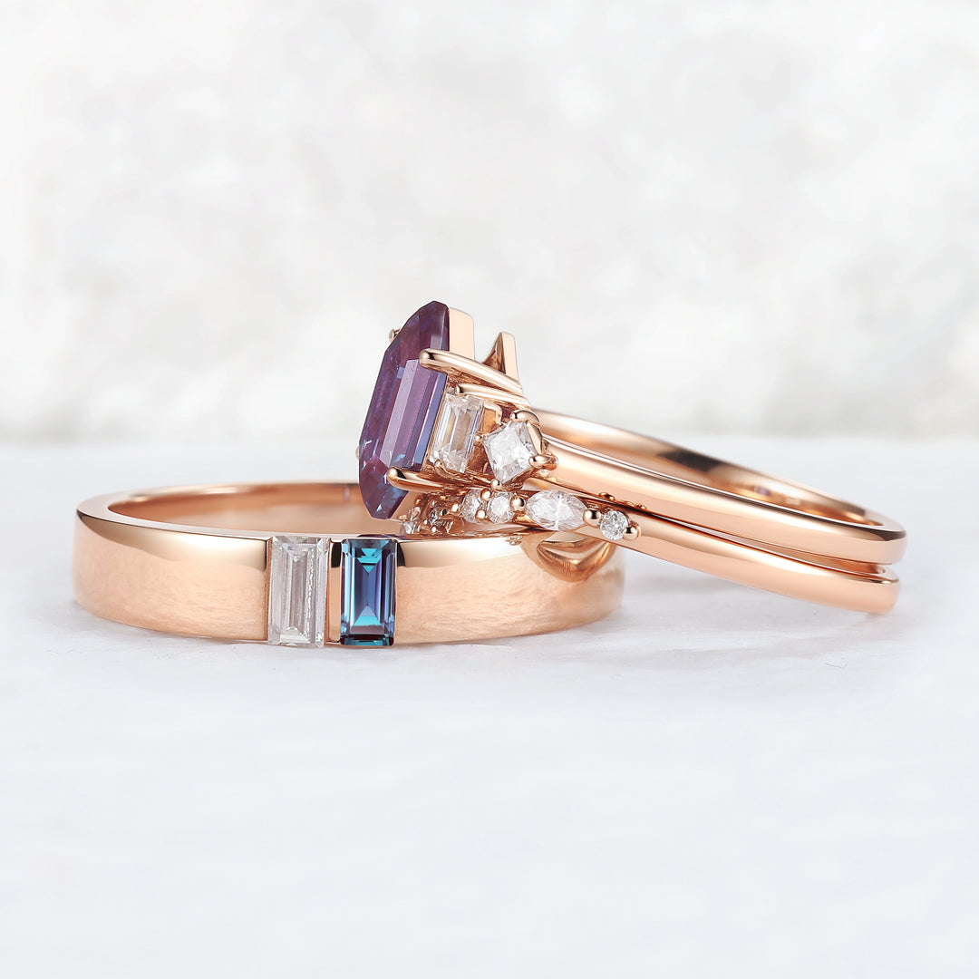 Cluster Hexagon Cut Alexandrite Couple Ring - Eternal Bond